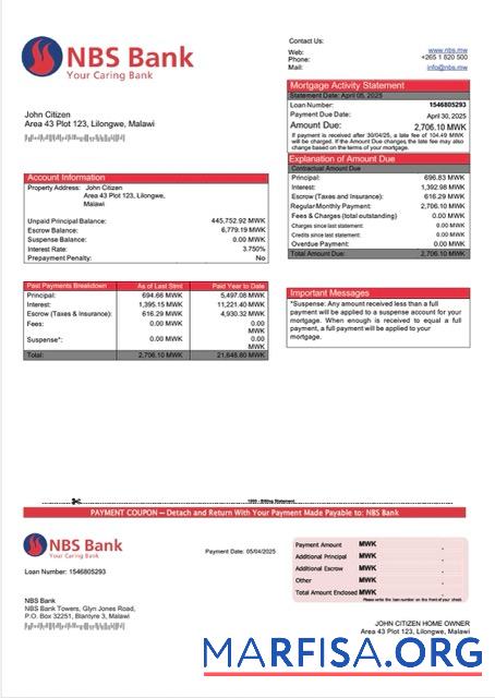 Downloadable Malawi NBS Bank mortgage statement Word and PDF template